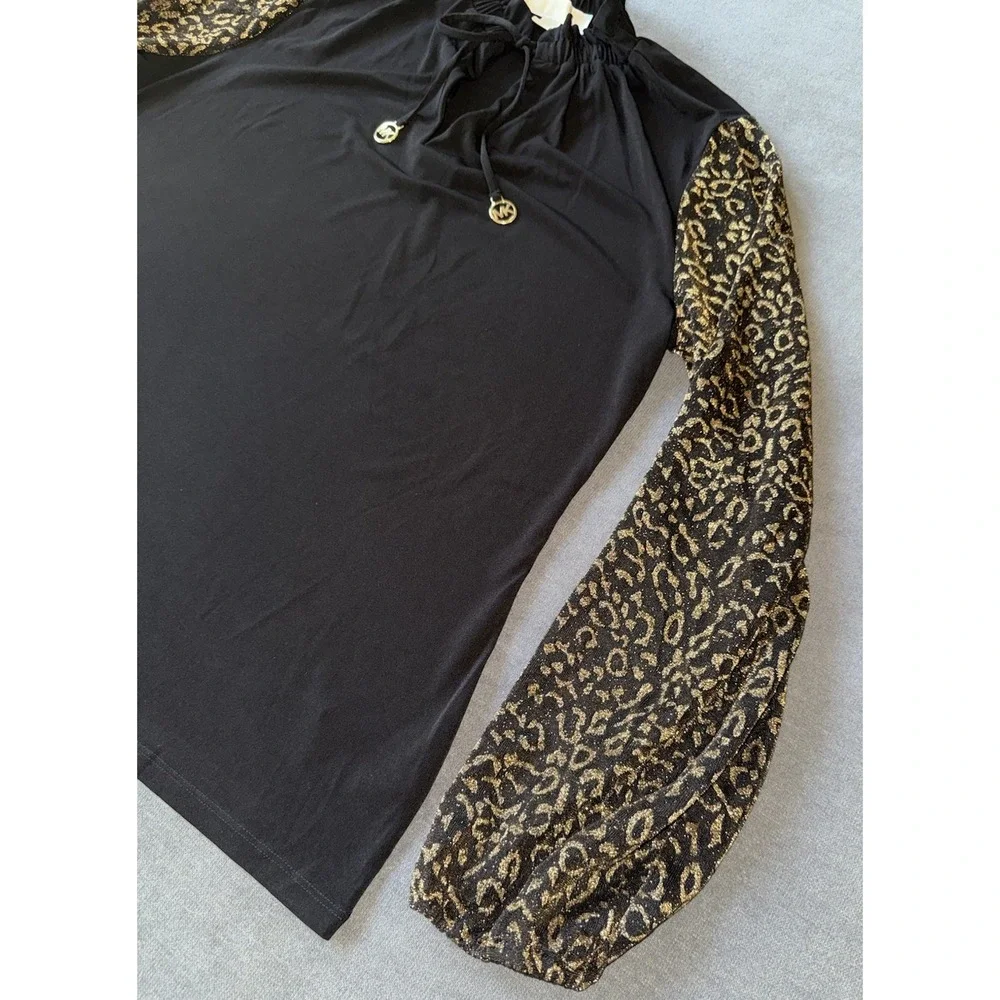 NEW Michael Kors Blouse Black Gold Leopard Print Ruffle Tie Neck Long Sleeve Lrg